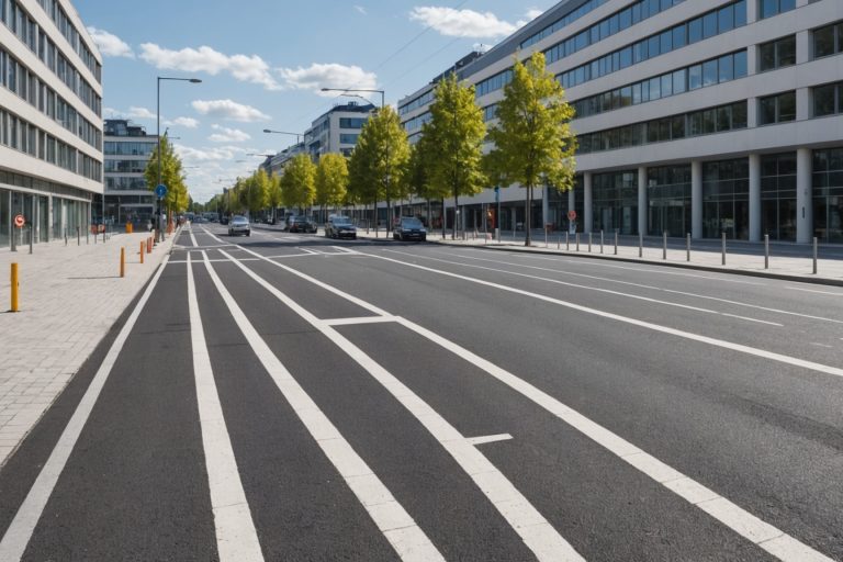 Illustration générée par IA d'un boulevard urbain en travaux près d'un hôpital moderne, ne représente pas le lieu exact