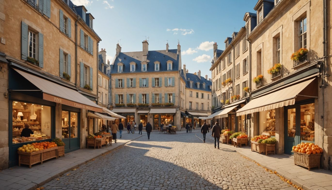 Illustration d'une rue commerçante de centre-ville français avec des boutiques indépendantes