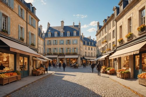Illustration d'une rue commerçante de centre-ville français avec des boutiques indépendantes