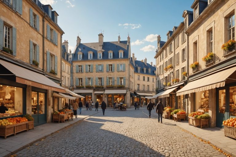Illustration d'une rue commerçante de centre-ville français avec des boutiques indépendantes