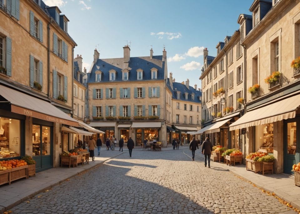 Illustration d'une rue commerçante de centre-ville français avec des boutiques indépendantes