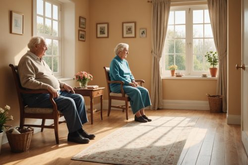Illustration du maintien à domicile d'une personne âgée, accompagnée à son domicile